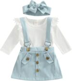 Newbron Baby Girl Summer Outfits Ruffle Short Sleeve Ribbed Romper Suspender Skirt with Headband 3Pcs Clothes Set