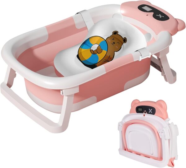 LiveGo Collapsible Baby Bathtub, Foldable Infant Tub for Newborn to Toddler (0-36 Months), Real-Time Temperature Monitor, Soft Cushion, Portable, Anti-Slip Feet, Drain Hole for Easy Use (Pink-A) - Image 8