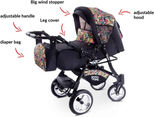 GaGaDumi Urbano 3 in 1 pram Stroller with car seat Complete Set Including Baby seat Buggy Diaper Bag rain Protection Mosquito net Solid Full Tires Gray - Image 3