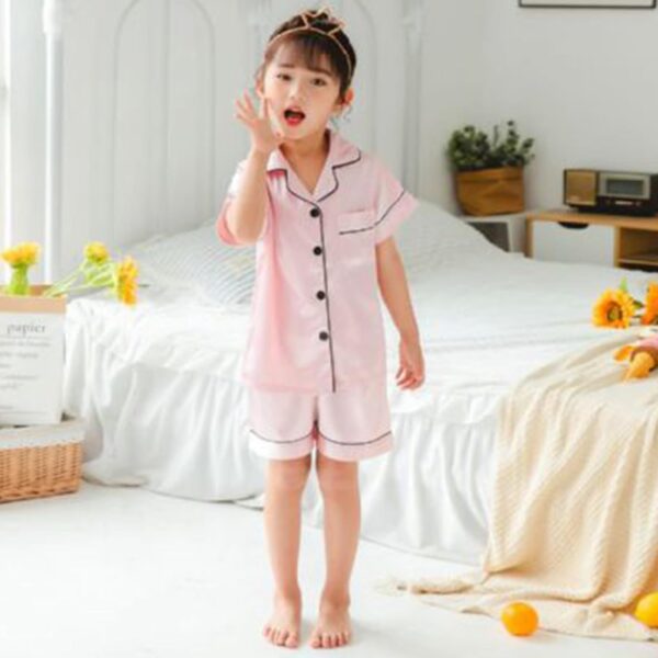 Risipu Silk Pyjamas Kids Set Unisex Short Sleeve Girls Pyjamas Solid Color for Kids - Image 7