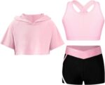 CHICTRY Kid Girls 3 Pieces Dance Outfit Gymnastics Hooded Crop Top Sleeveless Camisole and Shorts Set Tracksuit