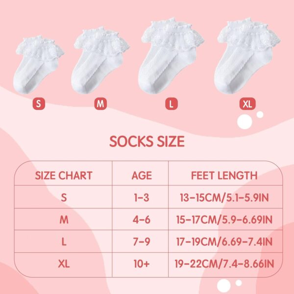 6 Pairs Girls Lace Socks,Baby Frilly Socks Ankle Socks,Children’s Frilly School Socks with Lace,White Ballet Ruffle Lace Socks - Image 2