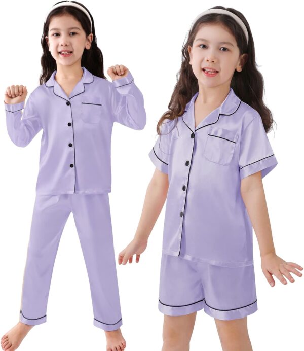 SWOMOG Kids Silk Satin Pyjama 4 Pcs Girls Boys Silky Pyjamas Set Button-Down PJs Sets Soft Long & Short Sleeve Sleepwear Teenage - Image 2