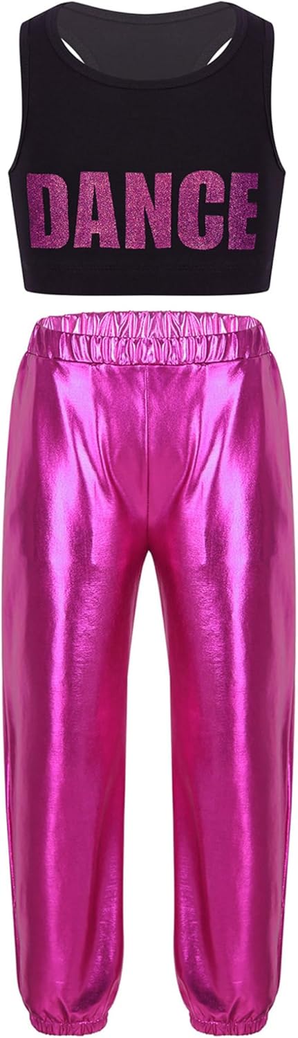61ro2aa8SHL._AC_SL1500_.jpg Freebily 2Pcs Girls Hip Hop Street Dance Clothes Set Crop Tank Top and Metallic Pants Stage Performance - Image 1
