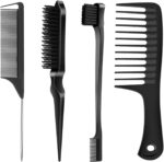 SWEET VIEW 4 Pcs Hair Styling Brush Set with 1 Pcs Edge Brush 1 Pcs Bristle Hair Brush 1 Pcs Rat Tail Comb 1 Pcs Wide Tooth Comb, Hair Comb Set for Slick Baby Hair and Flyaways - Black