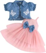 Yanmucy Toddler Baby Girls Dress With Puffy Sleeves Denim Blue Jacket Set 2PCS Little Girls Sleeveless Tulle Tutu Dress Short Sleeve Polka Dot Ruffle Coat Top Outfits