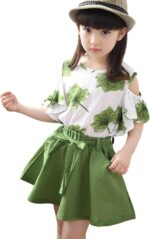Girls Summer Flower Clothes Set Ruffle Sleeve T-Shirts and Mini Skirt 2Pcs Outfits for Age 3-12 Years