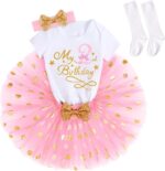 IBTOM CASTLE My 1/2 /1st /2nd/3rd Birthday Outfits for Baby Girl Bodysuit Romper/T-Shirt+Polka Dot Tulle Tutu Skirt +Socks+Bowknot Headband 4pcs Formal Princess Cake Smash Party Baptism Dress