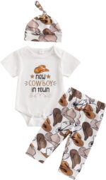 RWYBEYW Western Newborn Baby Boy Cowboy Outfit Boots/Hat/Cow Print Romper Bodysuit+Long Pants +Cap 3Pcs Summer Clothes Set