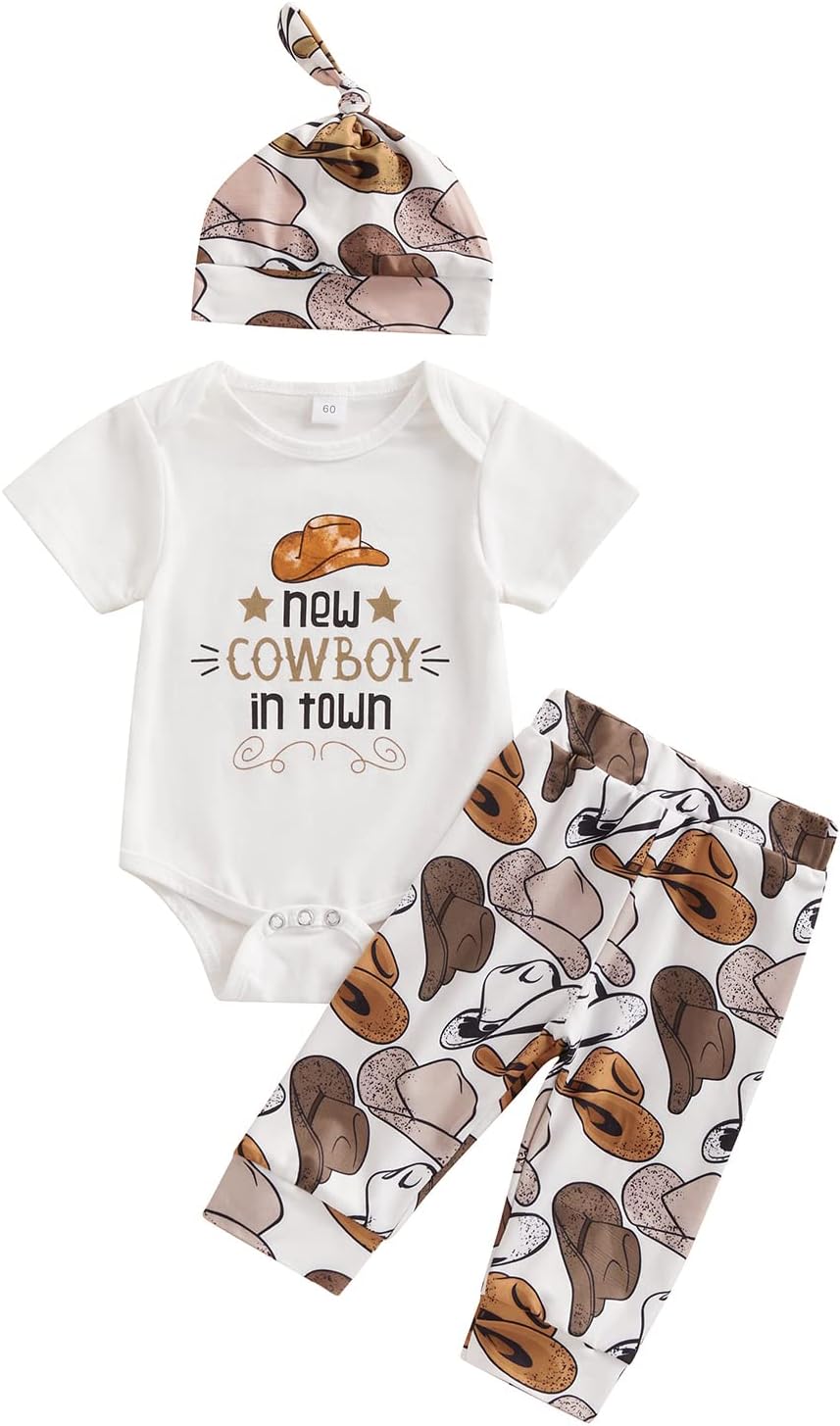 61tWnbn73PL._AC_SL1500_.jpg RWYBEYW Western Newborn Baby Boy Cowboy Outfit Boots/Hat/Cow Print Romper Bodysuit+Long Pants +Cap 3Pcs Summer Clothes Set - Image 1