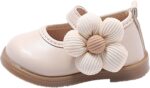 TYTUOO Toddler Little Girls Flat Sandals Flower Slip on First Walking Shoes Princess Wedding Party Mary Jane Dress Shoes (Beige, 0-3 Months)