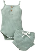 Infant Baby Girls Summer Knit Outfits 2 Piece Ribbed Sleeveless Romper Tops+Ruffle Bloomers Shorts Plain Clothes Set,SALES-CLEARANCE Green 9-12 Months