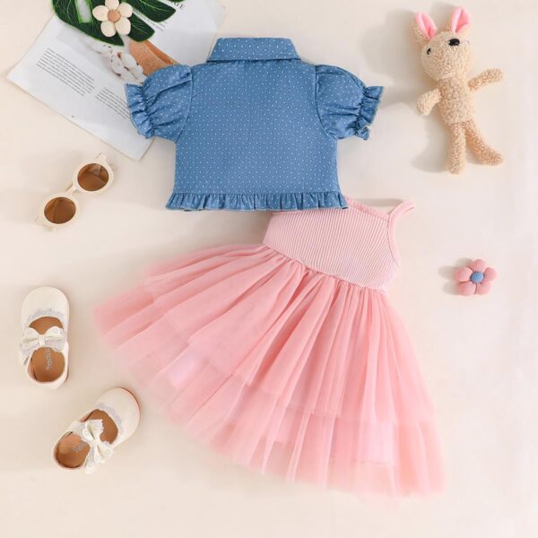 Yanmucy Toddler Baby Girls Dress With Puffy Sleeves Denim Blue Jacket Set 2PCS Little Girls Sleeveless Tulle Tutu Dress Short Sleeve Polka Dot Ruffle Coat Top Outfits - Image 3