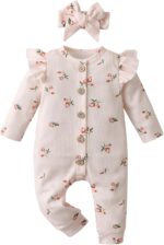 Joureker Newborn Baby Girl Clothes Long Sleeve Ruffle Romper Bodysuit Floral Print Onesie Outfit Set