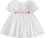 Toddler Baby Girls Birthday Dress Girl Summer Short Sleeve Cake Embroidery Smocked A-Line Dress Toddler Summer Princess Clothes for Kids Girl