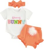 Newborn Infant Baby Girl Easter Outfit Short Sleeve Romper Bunny Shorts Bloomers with Headband Summer Set