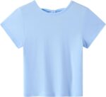 Arshiner Girls T-Shirts Back Hollow Bow Tie Kids Cotton Summer Short Sleeve Tops Cute Leisure Fashion Shirt Round Neck Tee Shirt for Girls 3-14 Years - Image 2