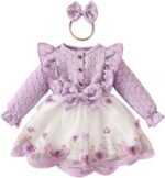 Valcatch Toddler Baby Girl Summer Dress Ruffle Long Sleeve Round Neck Button Bow Butterfly Mesh Dress with Hairband for 1-3 Years
