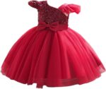 miço kids Baby Girls Sequin One-Shoulder Princess Dress | Burgundy Tulle Party Gown | Flower Girl, Birthday, Wedding & Dress