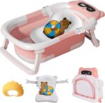 LiveGo Collapsible Baby Bathtub, Foldable Infant Tub for Newborn to Toddler (0-36 Months), Real-Time Temperature Monitor, Soft Cushion, Portable, Anti-Slip Feet, Drain Hole for Easy Use (Pink-A)