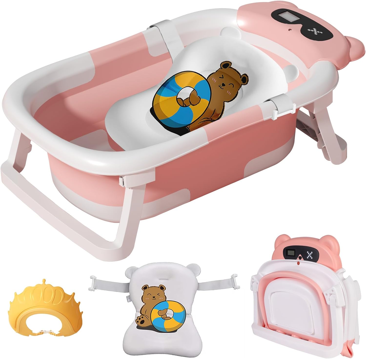 61wJiF98N0L._AC_SL1500_.jpg LiveGo Collapsible Baby Bathtub, Foldable Infant Tub for Newborn to Toddler (0-36 Months), Real-Time Temperature Monitor, Soft Cushion, Portable, Anti-Slip Feet, Drain Hole for Easy Use (Pink-A) - Image 1