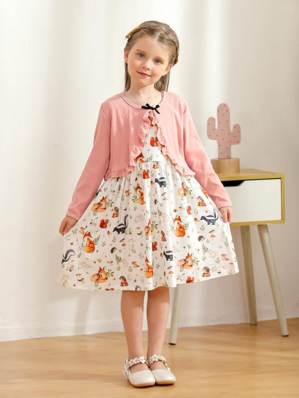 Baby Girl Dress With Cardigan Clothes Set Toddler Girls Long Sleeve Bow Button Cardigan + Sundress Suit Kids Knitted Cropped Sweaters Tops Dress 2 Piece Outfits 1-5 Years - Image 2