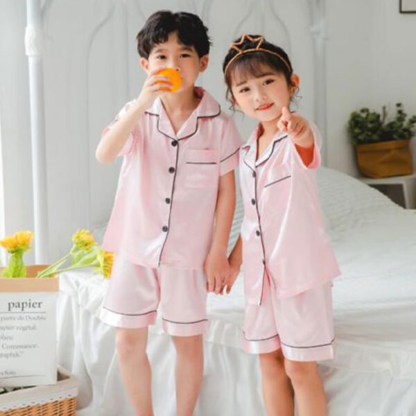 Risipu Silk Pyjamas Kids Set Unisex Short Sleeve Girls Pyjamas Solid Color for Kids - Image 6