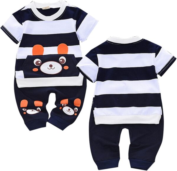 Children's Clothing Set Clothing Sets for Baby Boys Girls: Striped Print Cotton T-Shirt Top + Little Bear Printed Shorts Long Trousers Bloomers Trousers 2-Piece Clothing Set - Image 4