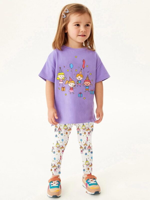 Girls Toddler Outfits Clothes Set Kids Cute Bunny Dancing Birthday Print Short Sleeve T-Shirt Tops Leggings Trousers 2 Piece Set Clothing Age 1-7 Years - Image 2