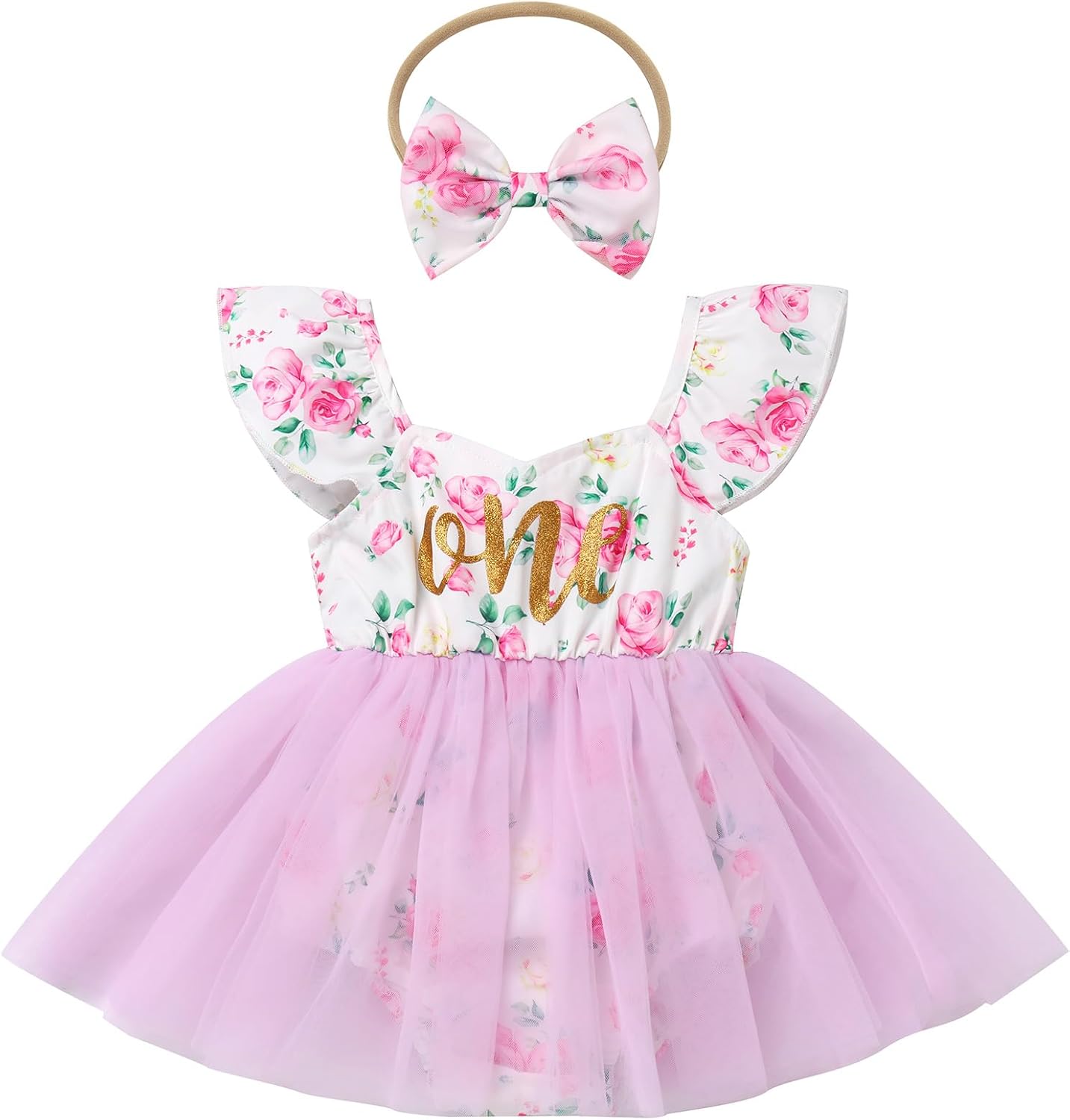 61yZeZ1xz2L._AC_SL1500_.jpg Baby Girl First Birthday Outfit Fly Sleeve Floral Printed Tutu Romper Dress with Bowknot Headband Set - Image 1