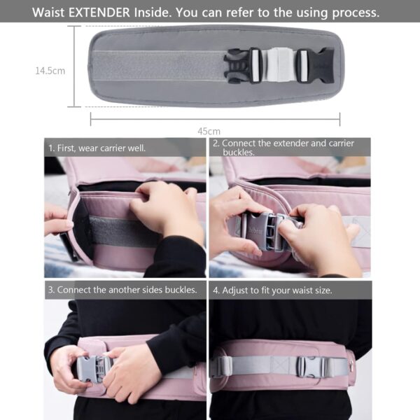 Bebamour Baby Carrier Newborn to Toddler Baby Carrier Hipseat 0-36Months with Head Hood, 3 PCS Teething Pads, Waist Extender, Light Grey - Image 3