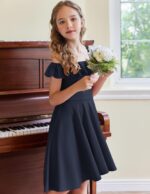 Arshiner Girls Summer Dress Off Shoulder Children's Dress Ruffle Sleeves Elegant Strap Dress Children A Line Swing Dress High Low Dress Casual Dresses with Pocket 4-13Years - Image 5