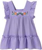 JiAmy Girl Dress Flowers Embroidery Flutter Sleeve Toddler Dresses Square Neck Ribbed Casual Clothes for 1-7 Year Old