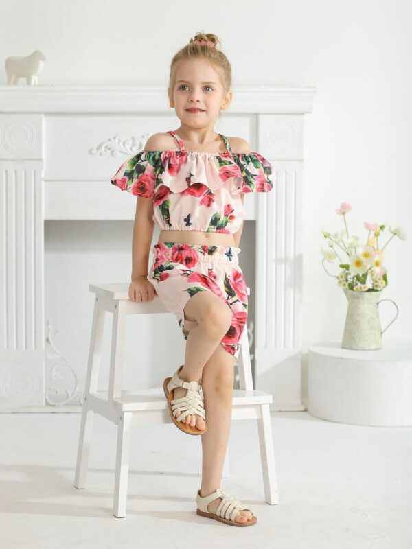 Baby Girl Clothes Floral Print Off Shoulder Tops + Floral Shorts Outfit Set - Image 5