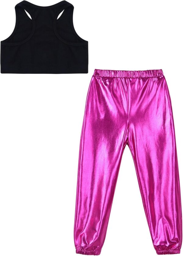 Freebily 2Pcs Girls Hip Hop Street Dance Clothes Set Crop Tank Top and Metallic Pants Stage Performance - Image 4