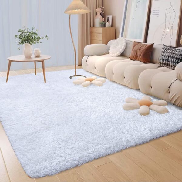 Rugs Living Room Soft Bedroom Rug Fluff Area Rugs Shaggy Carpets Non-Slip Modern Luxury Fur Carpet for Kids Room Comfy Home Decor Floor Mat (White, 120 x170 cm) - Image 2