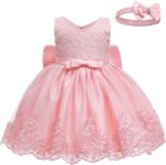 LZH Baby Girls Lace Embroidery Dress Bowknot Party Dress Bridesmaid Wedding Gown with Headwear - Image 2