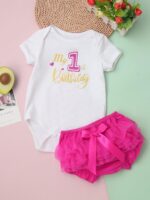 Aiihoo 2Pcs Baby Girl Outfits My 1st Birthday Print Short Sleeve Bodysuit with Ruffled Bloomer Shorts - Image 2
