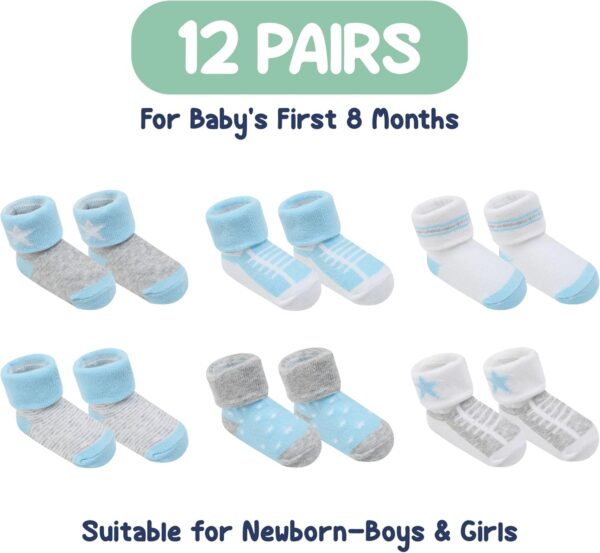 Organic Cotton Baby Socks, 12 Pairs, Unisex 0-6M - Soft, Hypoallergenic Newborn & Infant Socks - Baby Girl & Boy Gifts (UK, Age, 0 Months, 6 Months, Blue - Gray - White) - Image 8