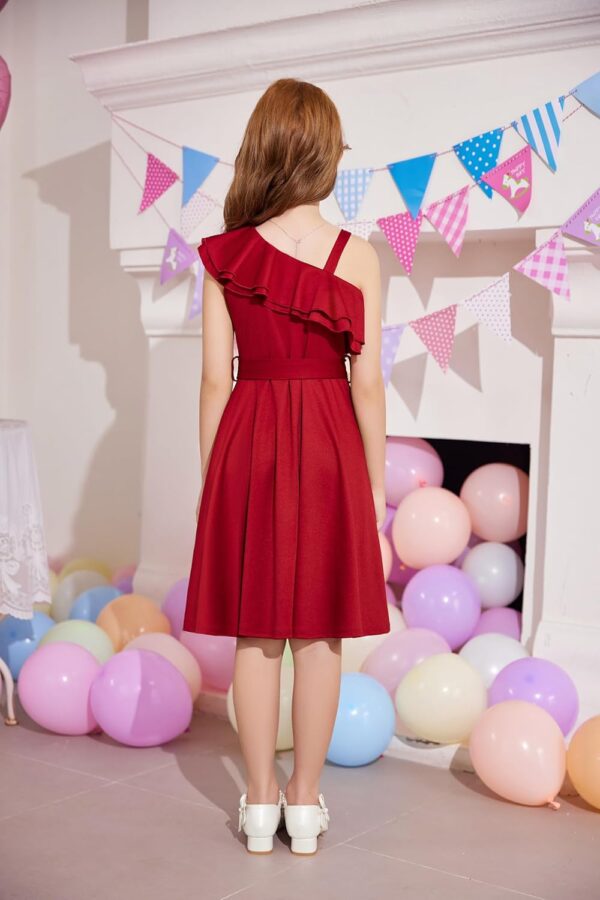 Arshiner Girls Dresses One-Shoulder Kids Dresses Summer Sleeveless Dress Ruffle Neck Elegant Party Festival Dresses Swing with Belt Dress for Girls 5-13 Years - Image 5