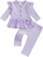 Geagodelia Toddler Baby Girl Fall Winter Outfits Ruffled Long Sleeve Lace/Striped/Polka Dot Print Sweatshirt Ribbed Shirts Top with Long Pants 2Pcs Clothing Set for Little Girls