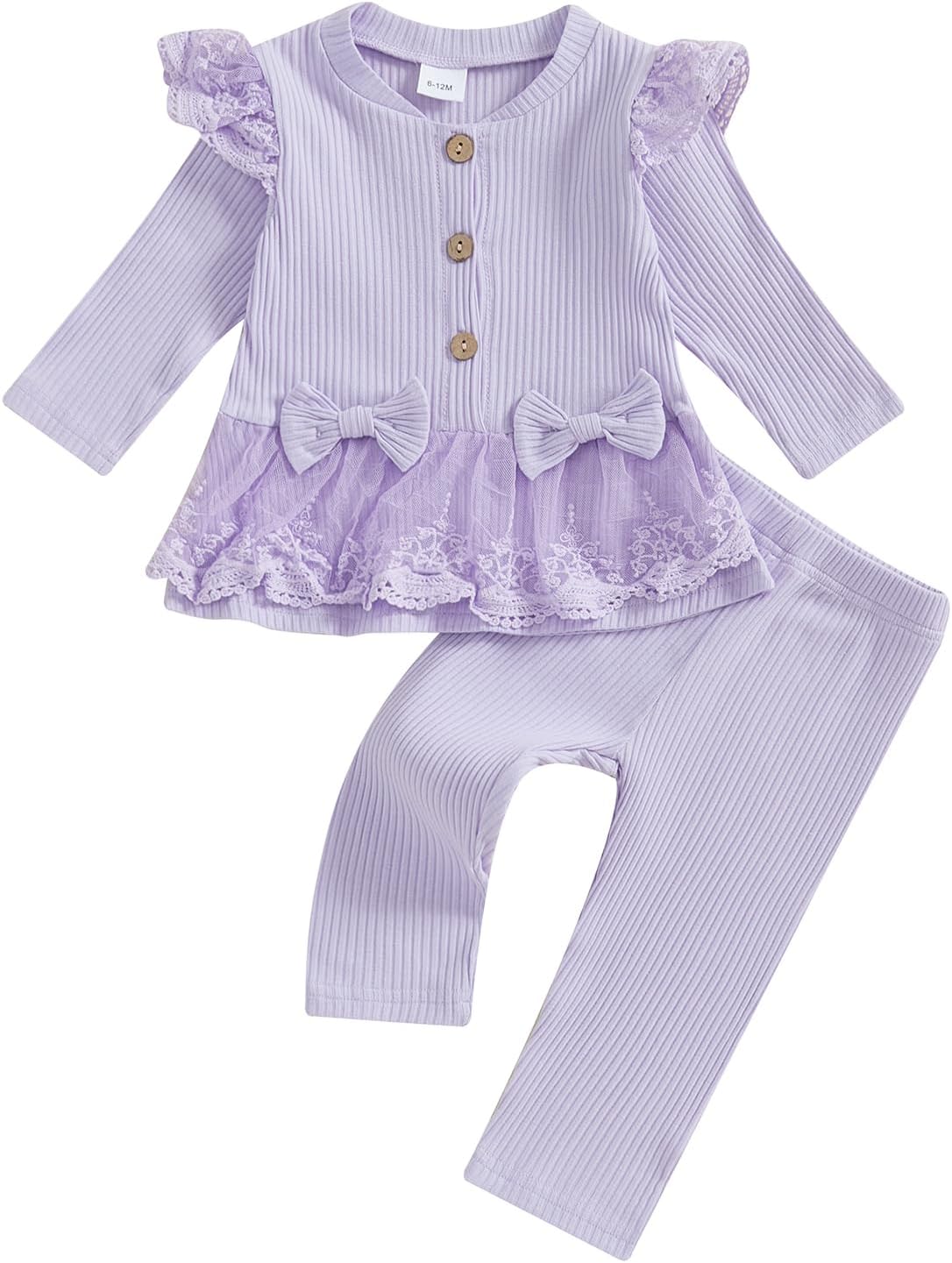 713fPjvWpL._AC_SL1500_.jpg Geagodelia Toddler Baby Girl Fall Winter Outfits Ruffled Long Sleeve Lace/Striped/Polka Dot Print Sweatshirt Ribbed Shirts Top with Long Pants 2Pcs Clothing Set for Little Girls - Image 1