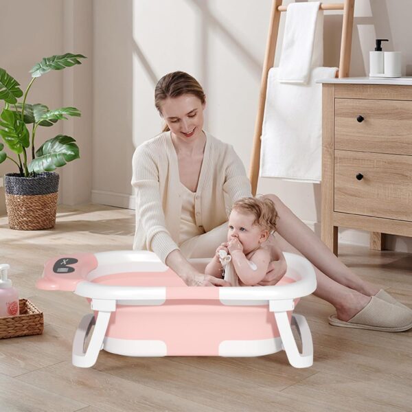 LiveGo Collapsible Baby Bathtub, Foldable Infant Tub for Newborn to Toddler (0-36 Months), Real-Time Temperature Monitor, Soft Cushion, Portable, Anti-Slip Feet, Drain Hole for Easy Use (Pink-A) - Image 7