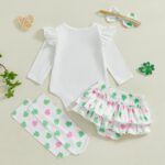 Acrawnni Newborn Baby Girl Easter Outfit Bunny Long Sleeve Romper Layered Ruffle Shorts Bloomers Tutu Skirt Bow Headband Socks 4Pcs Bunny Clothes - Image 3