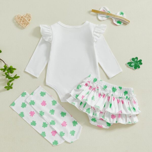 Acrawnni Newborn Baby Girl Easter Outfit Bunny Long Sleeve Romper Layered Ruffle Shorts Bloomers Tutu Skirt Bow Headband Socks 4Pcs Bunny Clothes - Image 3