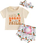 Dubute Easter Baby Girl Summer Outfits Bunny Print Short Sleeves T-Shirt + Bloomer Shorts + Headwear Clothes 3PCS Set