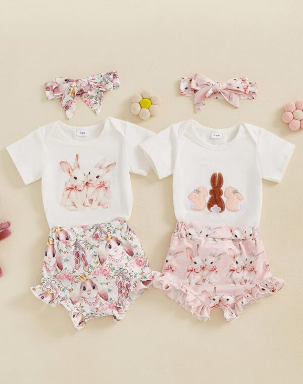 Dubute My First Easter Outfit Baby Girl Bunny Romper Bodysuit +Pompom Shorts Bloomer 1st Easter Clothes 3PCS - Image 6