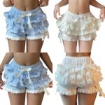 Women Lolita Layered Bloomers Short Lace Spliced Bow Elastic Waist Pajama Shorts Lounge Homewear - Image 4