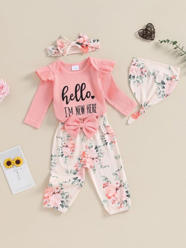 Edhomenn Baby Girls 3 Piece Fall Outfit Long Sleeve Romper and Floral Long Pants with Bow Headband - Image 2
