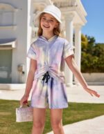 Arshiner Girls Tie-dye Clothing Sets Kids Short Sleeve Hoodie Tops with Shorts Sets Sport Casual Fashion Street Summer Outfits for Girls - Image 2